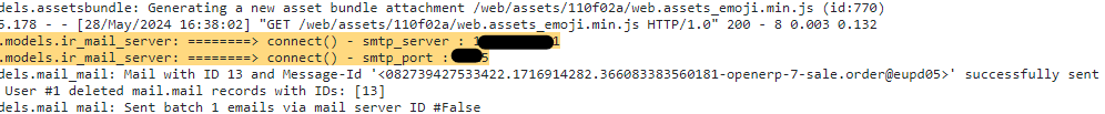 Capture d'écran des logs Odoo.sh pour récupérer le serveur de messagerie sortant SMTP